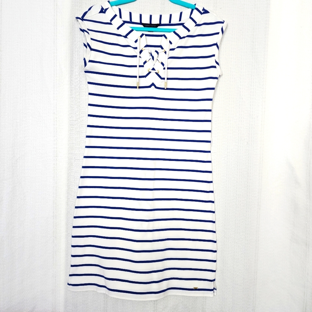 BLUE/ WHITE NAUTICAL STRIPPED COTTON MIDI DRESS BY TOMMY HILFIGER - SIZE XXS EUC